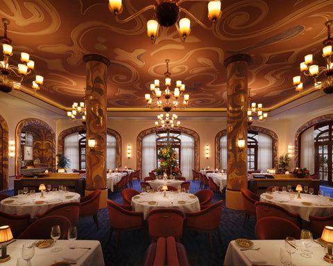 Carbone Riviera with a stunning ornate ceiling and customised NEOZ Victoria portable table lamp