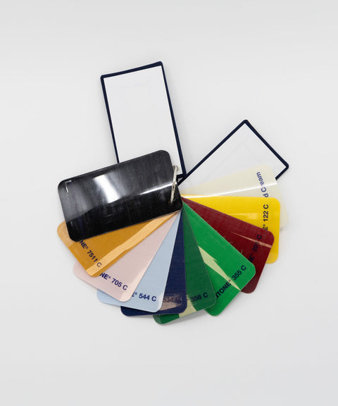 NEOZ silk lampshade fabric swatches in a Pantone-matched colour range for custom cordless lamps