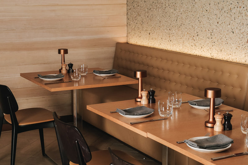 Cooee 2c Sandblasted Bronze Cordless Table Lamp for Lyrebird restaurant Brisbane 