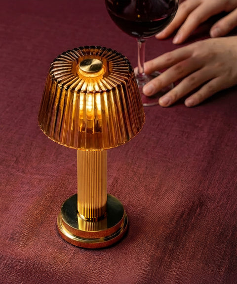 Manhattan Portable Table Lamp, CNC solid forged brass body paired with Amber glass lampshade  